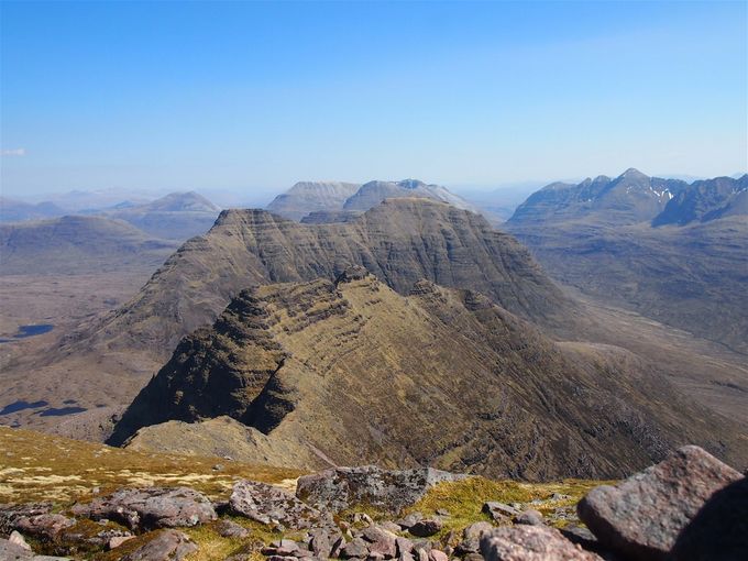 Taken from Beinn Alligin, Beinn Eighe is the hill centre skyline, summit left hand as you look. Liathach is the hill on the right. Photo Colin Matheson.