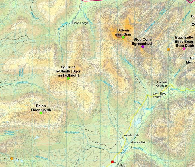 Squares: yellow - changeovers, red - finish of a leter leg. Circles Summits: green - this leg, purple - to do, blue - now a Munro but not in 1990. Map Colin Matheson