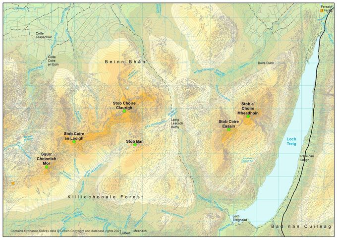 Squares: yellow - changeovers. Circles summits: green - this leg. Map Colin Matheson