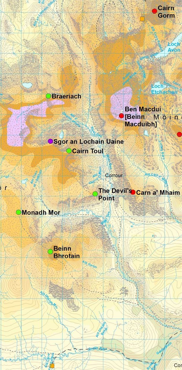 Squares: yellow - changeovers. Circles summits: green - this leg, purple - to do, blue - now a Munro but not in 1990. Map Colin Matheson