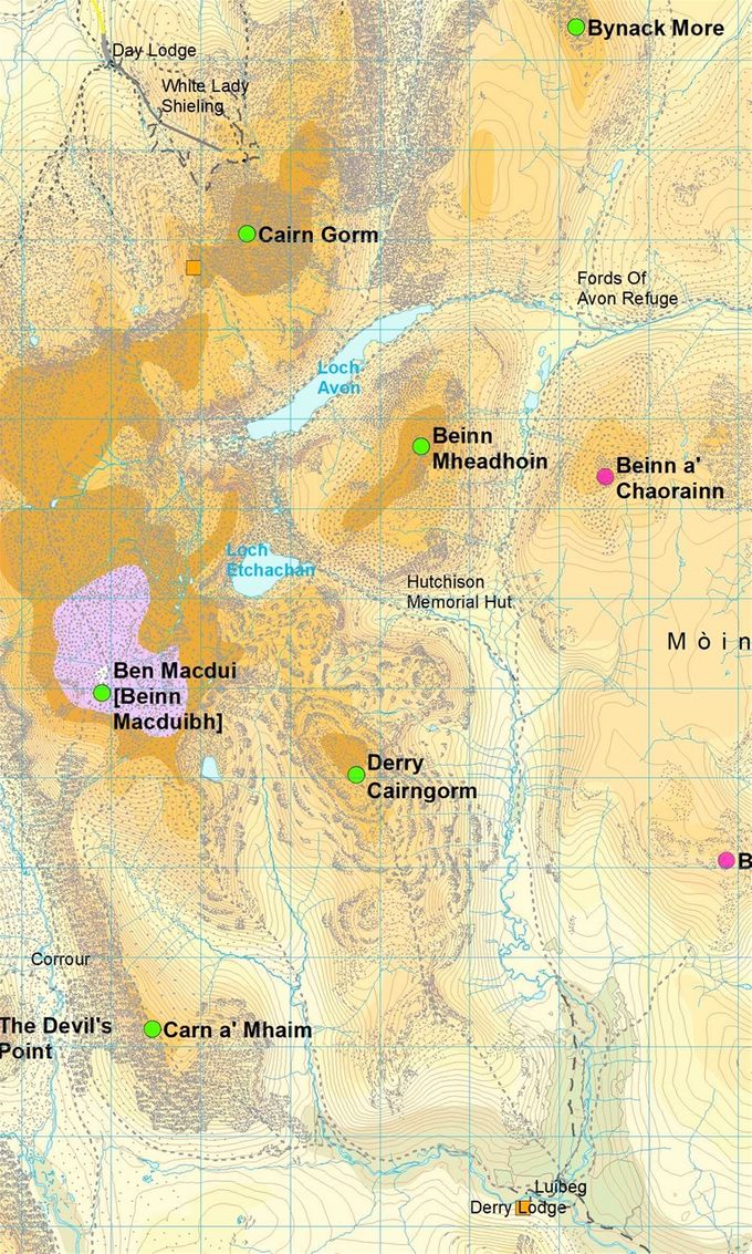 Squares: yellow - changeovers, Circles summits: green - this leg, purple - to do. Map Colin Matheson