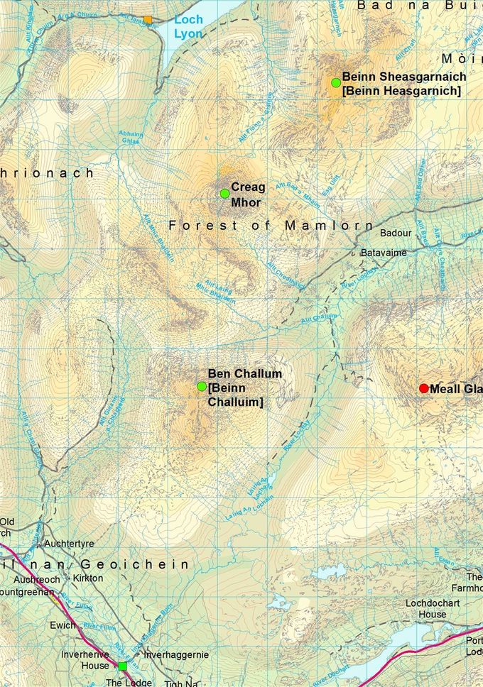Squares: green - start, yellow - changeover. Circles summits: green - this leg, red - done. Map Colin Matheson
