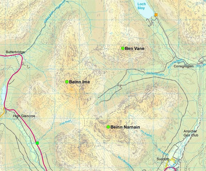 Squares: green - start, yellow - changeover. Circles summits: green - this leg. Map Colin Matheson