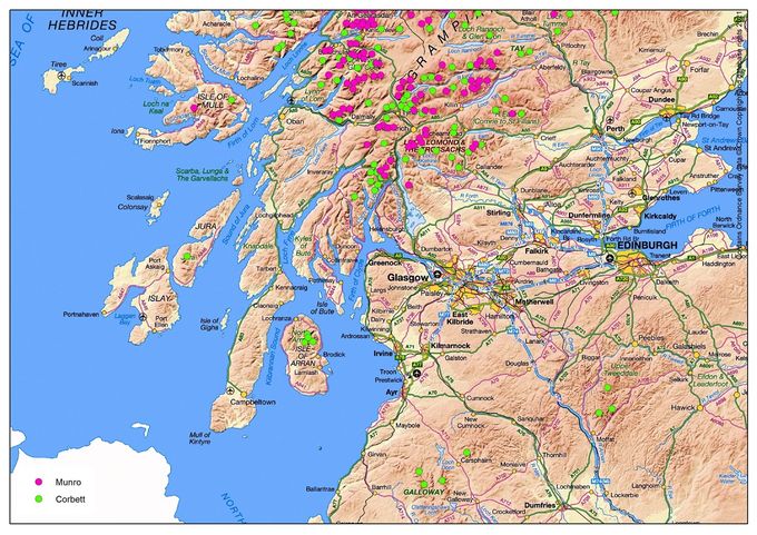 The southern Munros and Corbetts. Map Colin Matheson