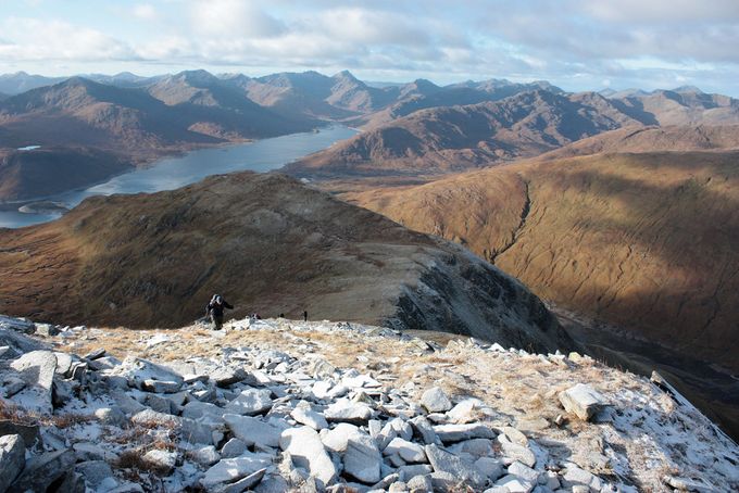 A view from Gleouriach that Graeme never got. Beyond Loch Quoich are hills for later in the day -Sgurr na Ciche the pointed one at the right end of the loch. Photo tms.nickbramhall.com