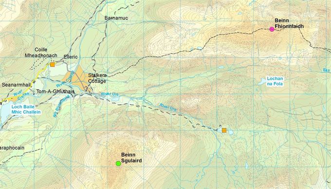 Squares: yellow - changeovers. Circles summits: green - this leg, purple - to do. Map Colin Matheson