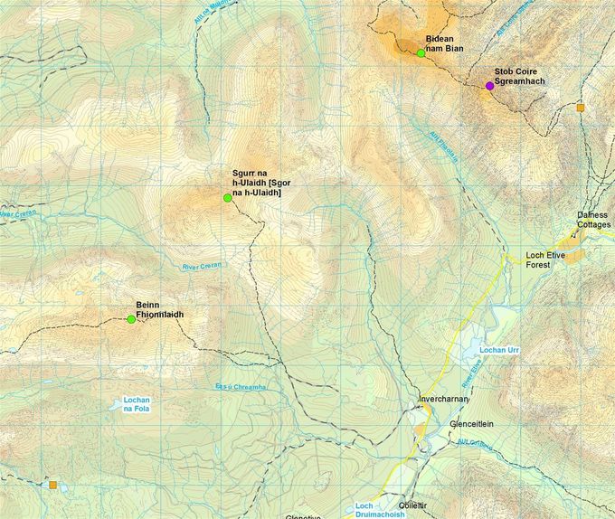 Squares: yellow - changeovers. Circles summits: green - this leg, blue - not a Munro in 1993. Map Colin Matheson