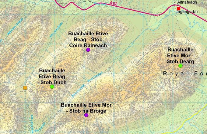 Squares: yellow - changeover, red - finish. Circles summits: green this leg, blue - not a Munro in 1993. Map Colin Matheson