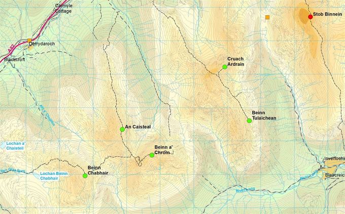 Squares: yellow - changeovers. Circles summits: green - this leg, red - done. Map Colin Matheson