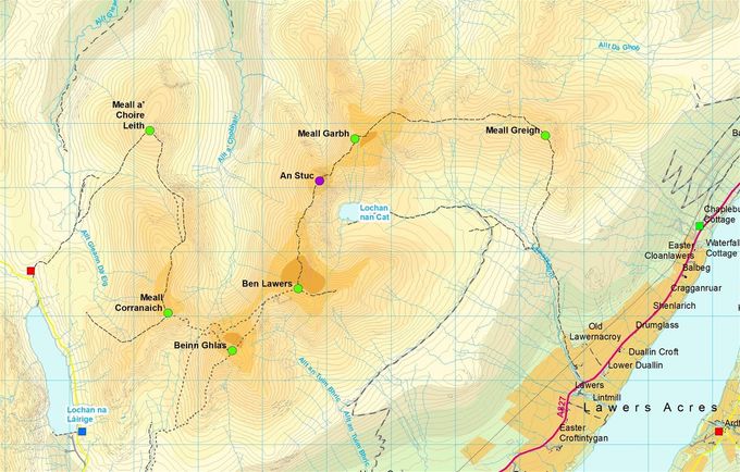 Squares: green - start, red - finish, blue - start and finish of next leg. Circles summits: green - this leg, blue - not a Munro in 1993. Map Colin Matheson