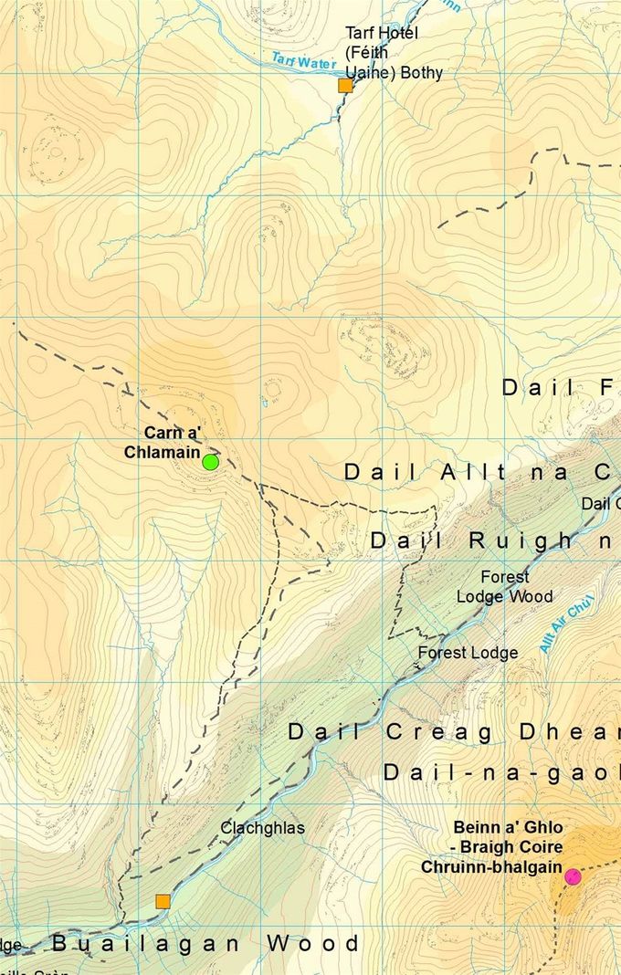 Squares: yellow: changeovers. Circles summits: green - this leg, purple - to do. Map Colin Matheson