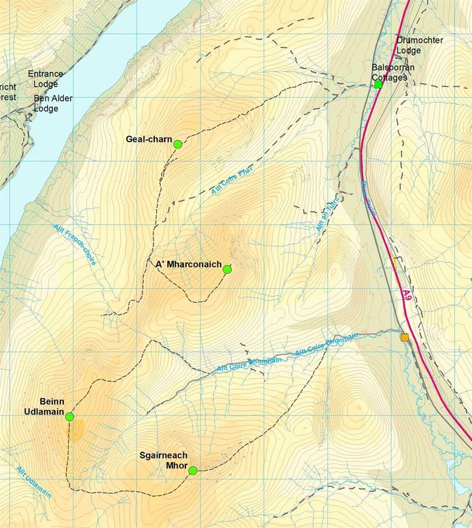Squares: green - start, yellow - changeover. Circles summits - green - this leg. Map Colin Matheson