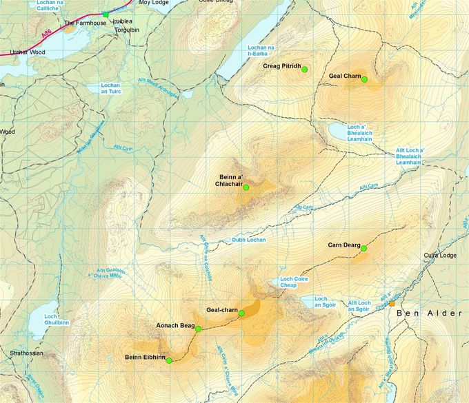Squares: green - start, yellow changeover. Circles summits: green - this leg. Map Colin Matheson