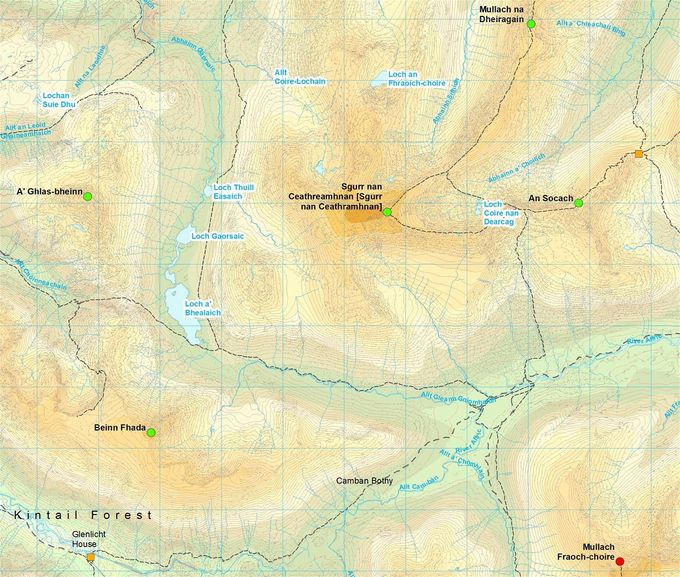 Squares: yellow - changeovers. Circles summits: green - this leg, red - done. Map Colin Matheson