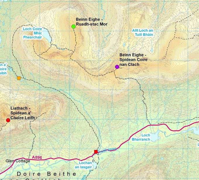Squares: yellow - changeover, red - finish. Circles summits: green - this leg, red - done, blue not a Munro in 1993. Map Colin Matheson