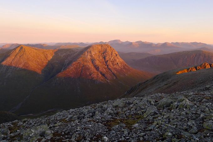 Buachaille Etive Mor in the sunrise in weather very similar to that that Ross had there. Taken from Clachlet, Ben Nevis in the distance. Photo tms.nickbramhall.com
